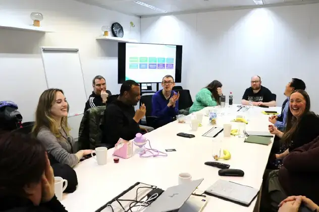 3) A support team around a table with risk tools in view